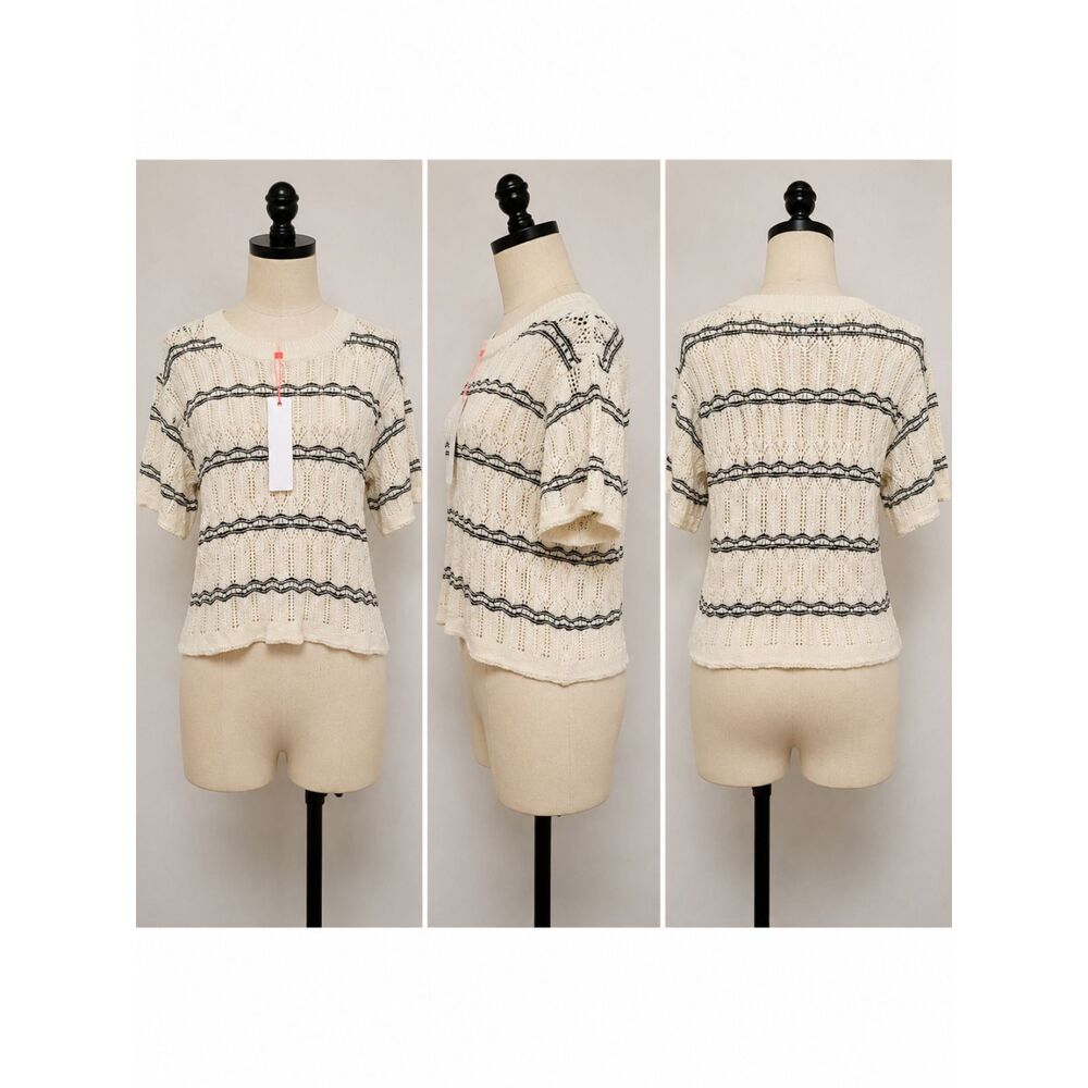 The Greii Women’s Small Ivory Black Open Knit Short Sleeve Sweater Top NWT